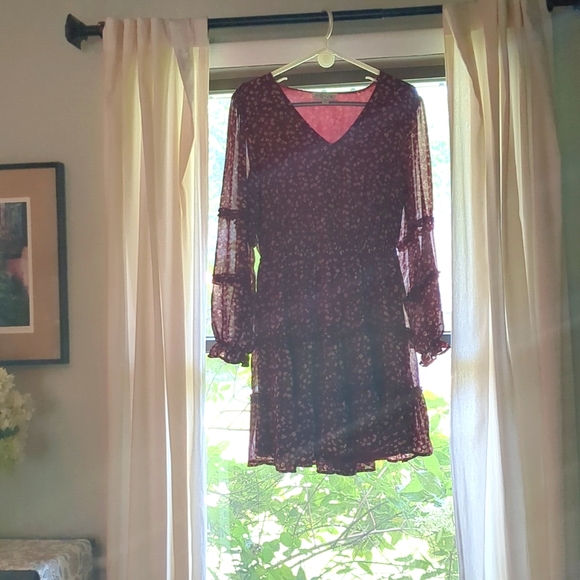 She + Sky Dresses & Skirts - SHE + SKY Red Floral Mini Dress with Sheer Long Sleeves NWOT, Medium